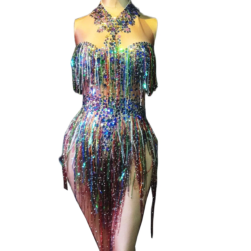 

Glitter Multicolor Rhinestones Sleeveless Halter Women Bodysuits Colored Fringes Tight Stretch Jumpsuits Nightclub Stage Romper