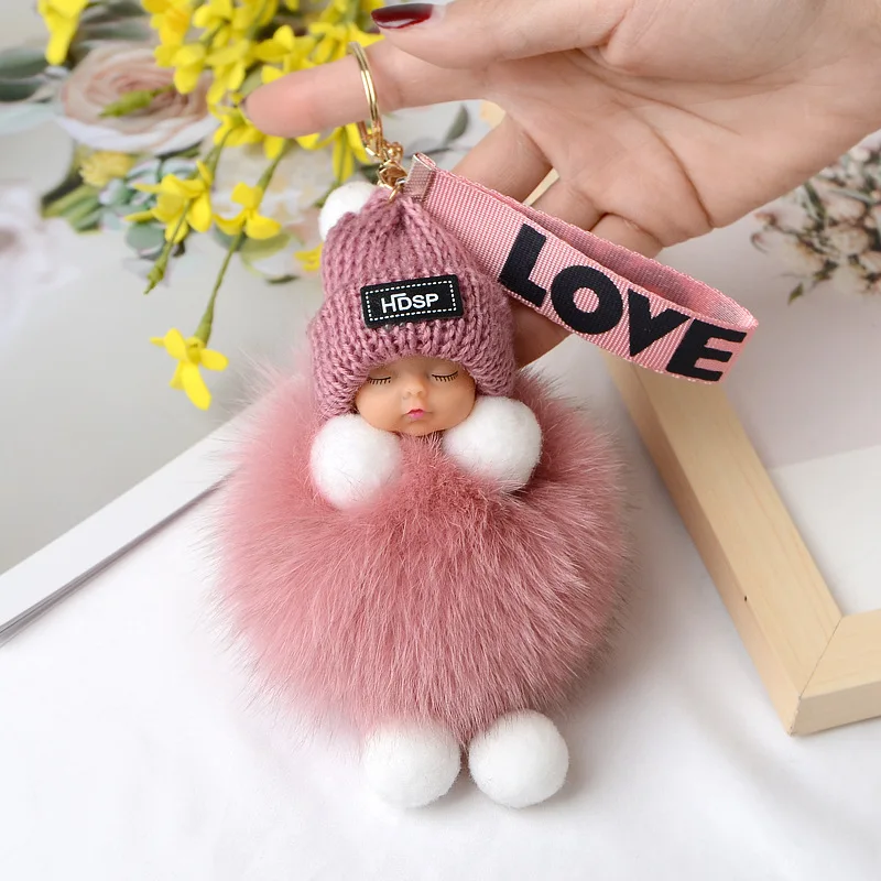 Pompom Sleeping Doll Keychain Cute Fluffy Plush Doll Keychains Women Girl Bags Keyrings Cars Key Ring  Gift Charming  Decoration