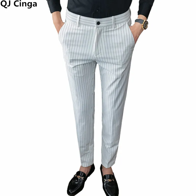 White Men Striped Suit Pants, Blue Black Trousers Fashion Slim Men's Pants, Asian Size 28-36 Pantalones Hombre