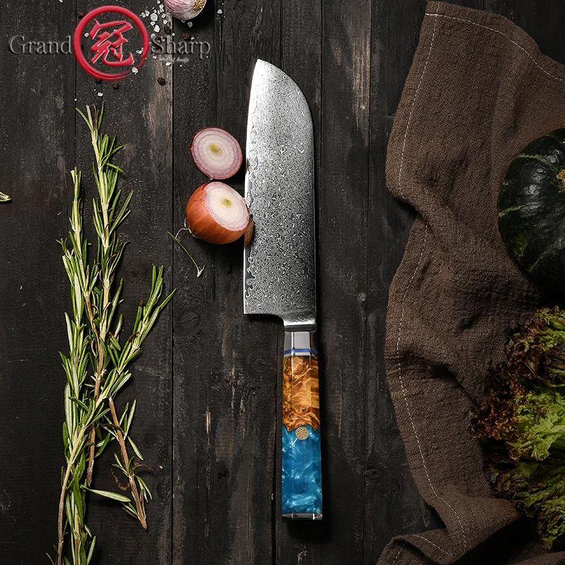 6.7 Inch Santoku Knife Kitchen Chef Knives Japanese Damascus AUS-10 Steel Sharp Blade Meat Fish Salmon Cutting Tools GRANDSHARP