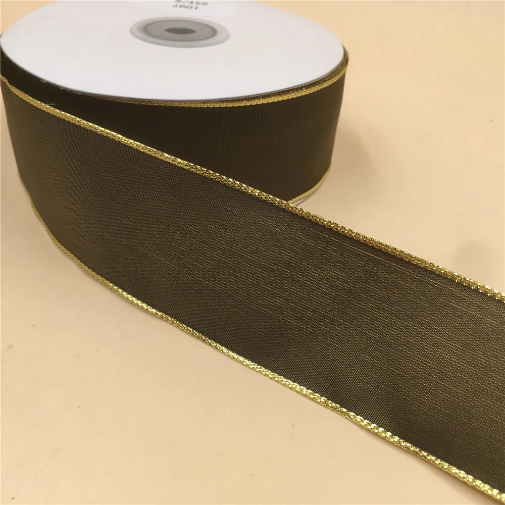 38mm 25Yards Christmas Ribbon Festival Wired Coffee Webbing With Gold Thread For Decoration New Year Gift Wrapping  1-1/2