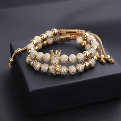 Classic Iced Out Luxury Jewelry Micro CZ Pave King&Queen Charms Royal Beads Macrame Cord Bracelet Hiphop