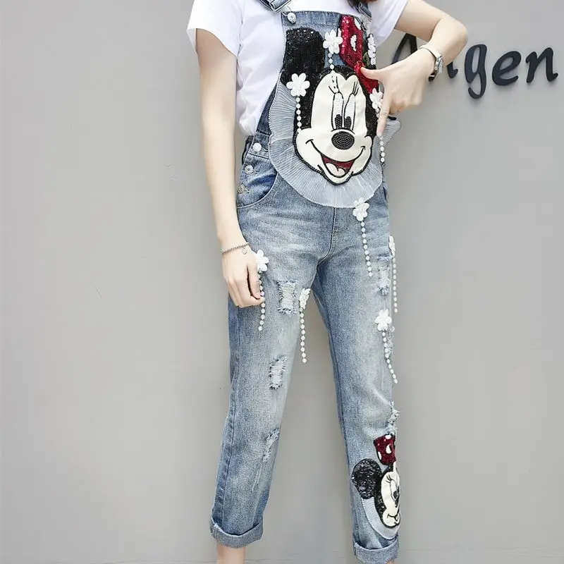 Women Cartoon Sequined Embroidery Wide Leg Loose Ripped Denim Overalls European Jumpsuit Boyfriend Hole Pocket Jeans Romper