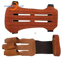 Protector de dedo para brazo de tiro con arco, Protector de mano de cuero para adulto, guante de 3 dedos para caza izquierda y derecha, protección antideslizante de seguridad