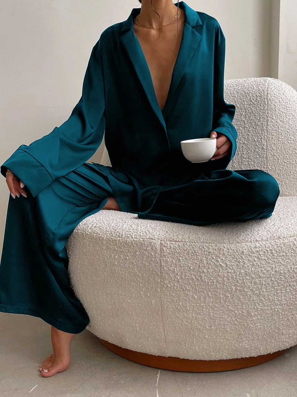 Autumn Solid Color Trouser Suits Sleepwear Loose Women\'s Home Clothes Single Breasted Set Woman 2 Pieces Sexy Nightie Open Shirt