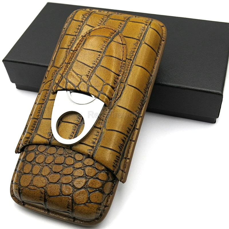 New Genuin Leather Cigar Case Travel Cigar Humidor Box Outdoor Portable Brown Crocodile Pattern 3 Tube Cigar Case With Cutter