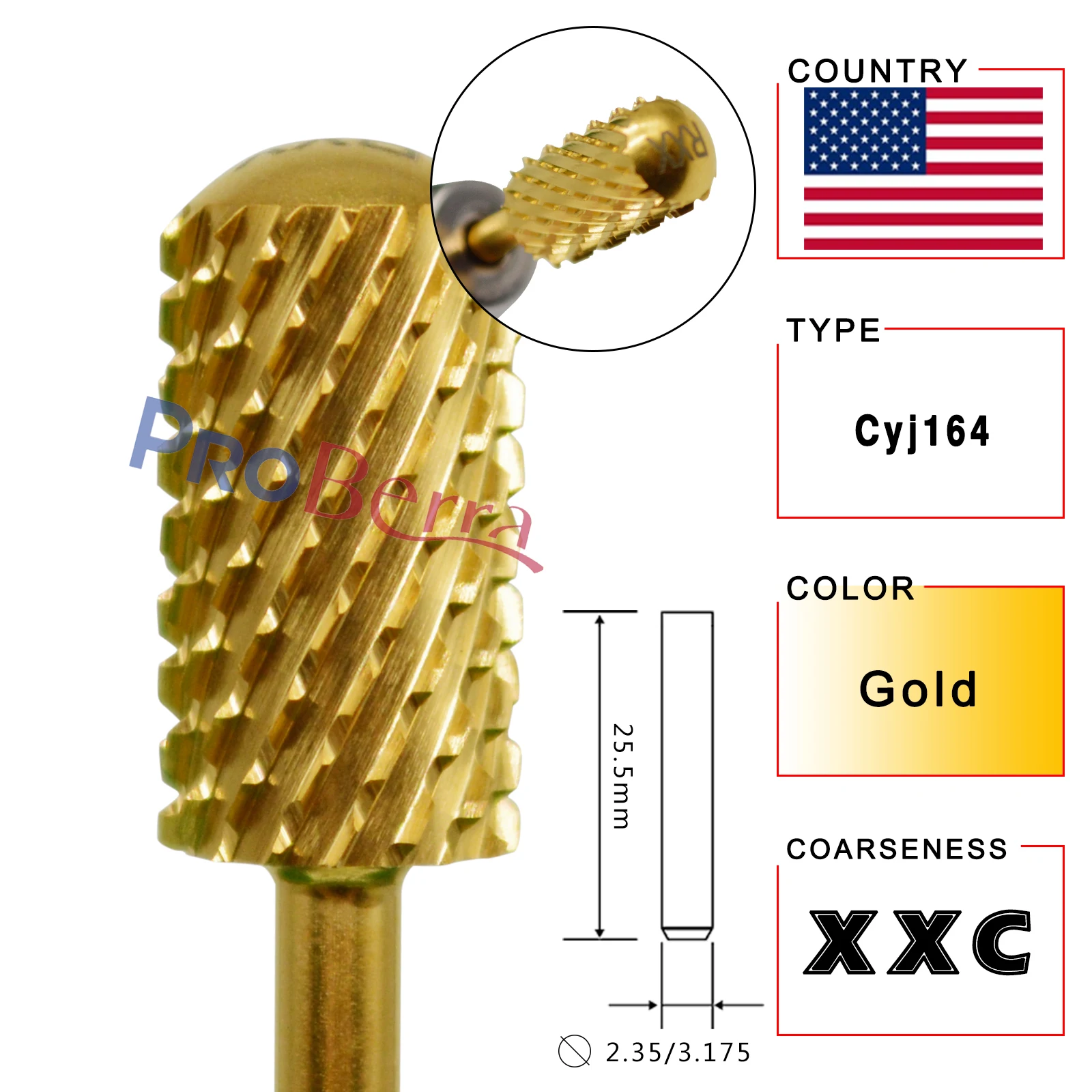 RolinStar 6.6 Large Barrel Round Smooth top Gold  Milling Cutter Nail File Tool drill bit Accessories