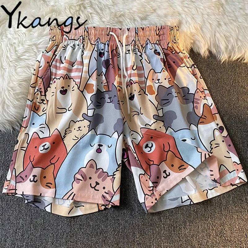 Harajuku Cat Cartoon Print Casual Shorts Women Baggy Running with Pocket Summer Fashion Ulzzang Ladies 2021 Fitness Jogger Short