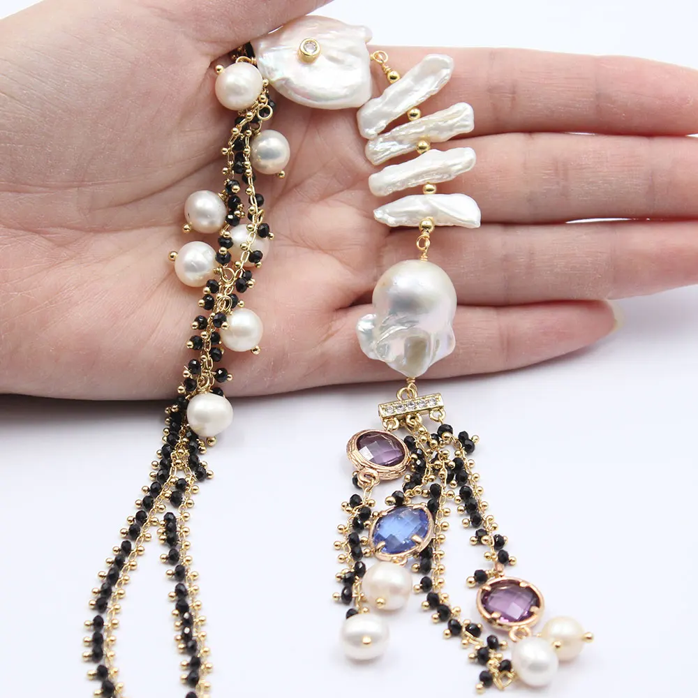 G-G Jewelry Freshwater White Keshi Pearl Biwa Pearl Black Crystal Necklace 18\