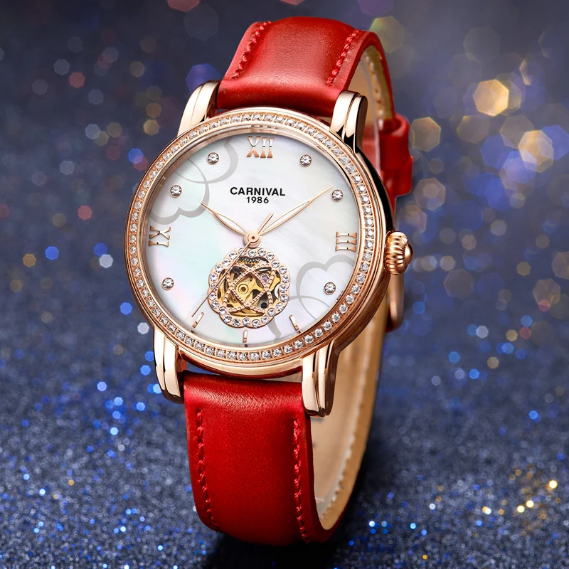 

Carnival Brand New Luxury Diamond Mechanical Watch Women Fashion Leather Waterproof Sapphire Automatic Watches Relogio Feminino