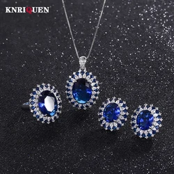 Vintage 12*16mm Sapphire Gemstone Rings Pendant Necklace High Carbon Diamond Wedding Jewelry Sets for Women Charms Birthday Gift