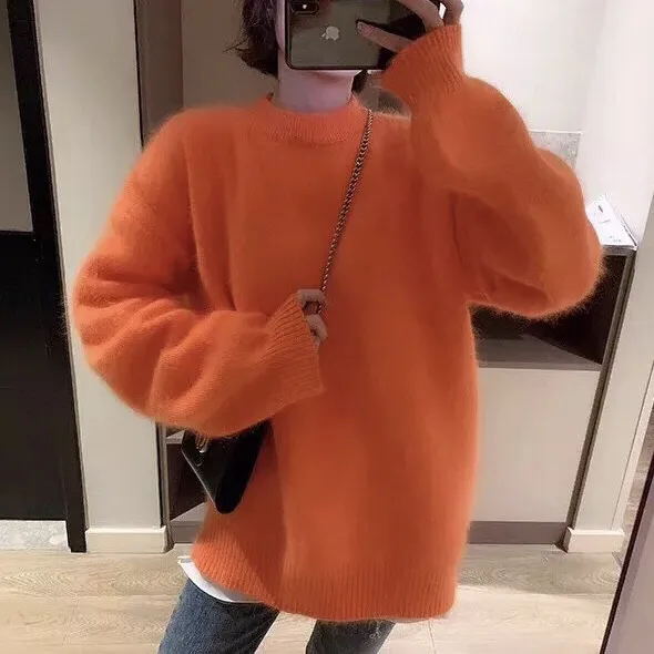 JSXDHK Autumn Winter Mohair Knitted Thick Sweater Elegant Women O Neck Orange Mink Cashmere Soft Long Sleeve Loose Pullovers