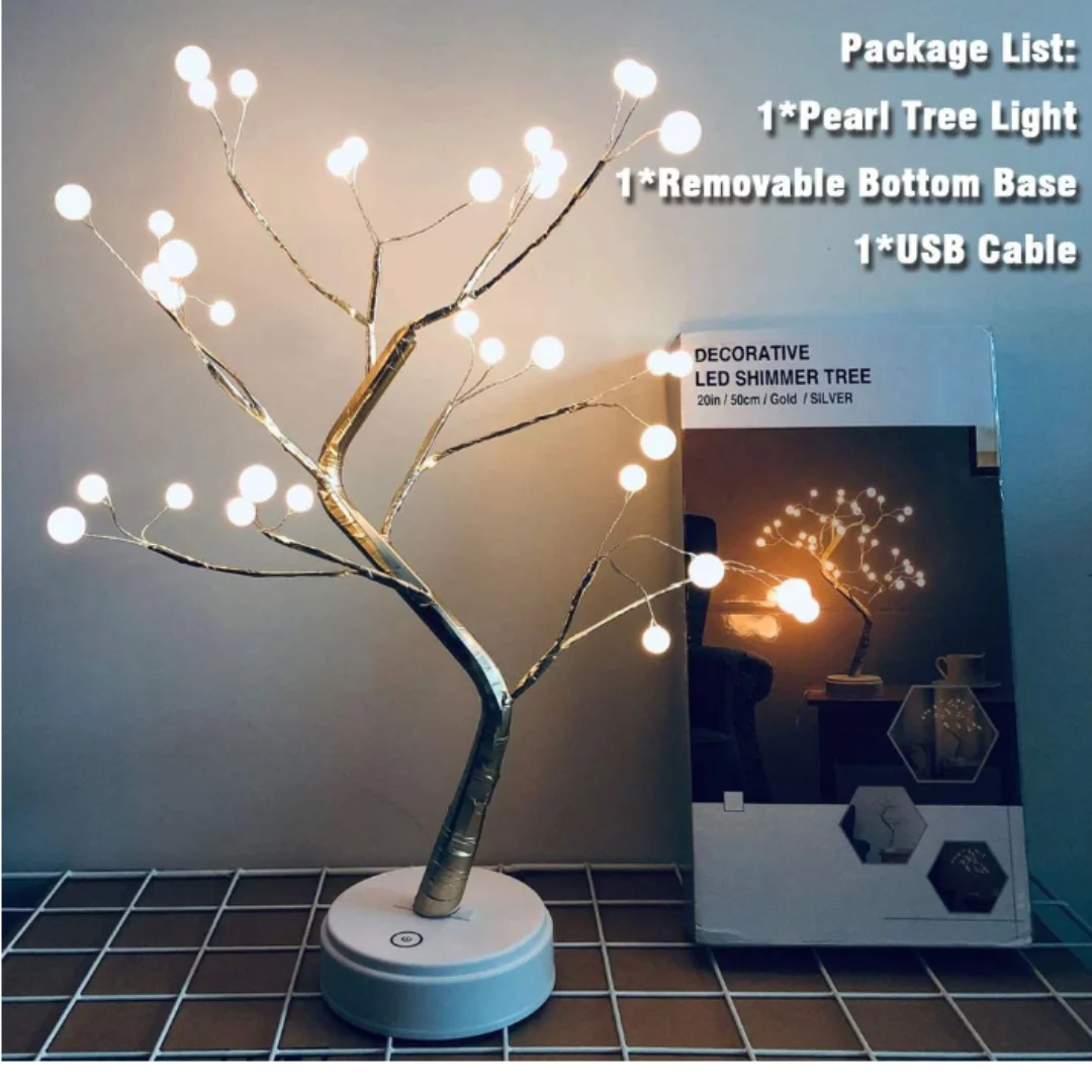 LED Tabletop Tree Lamp with 36 Pearls, DIY Artificial Tree Lamps, Christmas Room Decoration, Battery or USB Operated