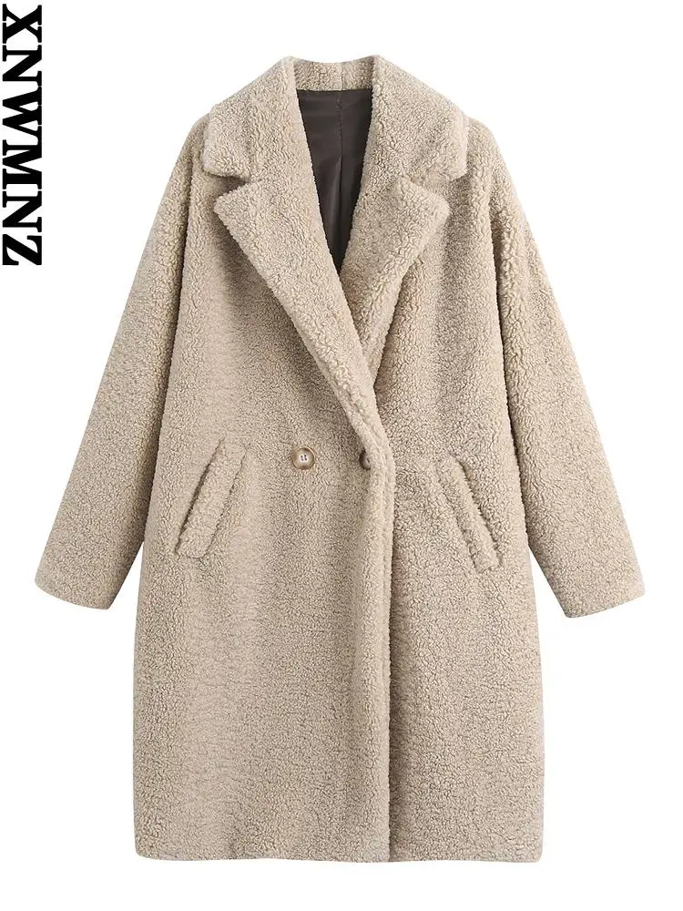 XNWMNZ long faux fur coat Women chic double breasted long sleeve lapel collar thick warm coats female vintage Teddy wool coat