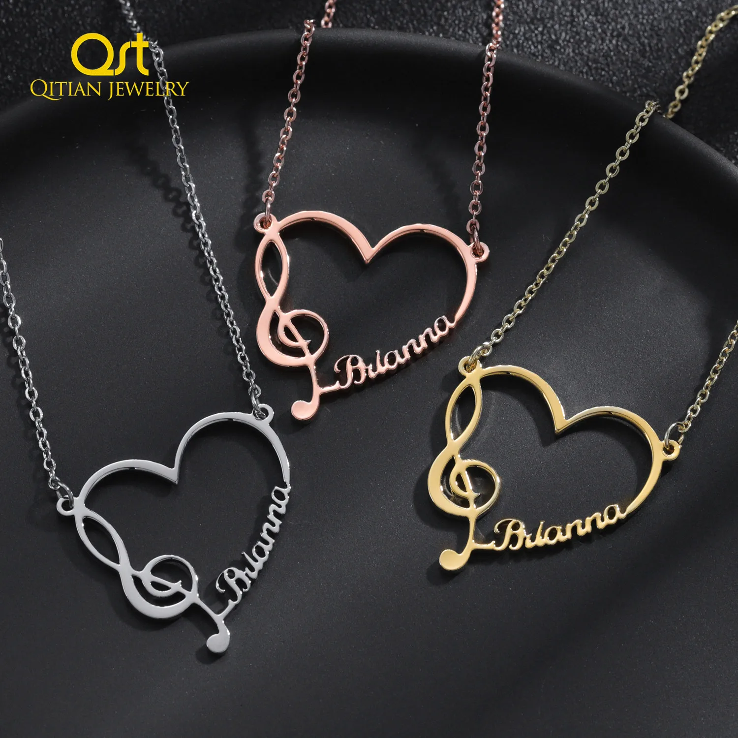 Elegant Heart Pendant with Name Personalized Women Necklace Musician Note Birthday Gift Music Academy Graduation Jewelry Gifts