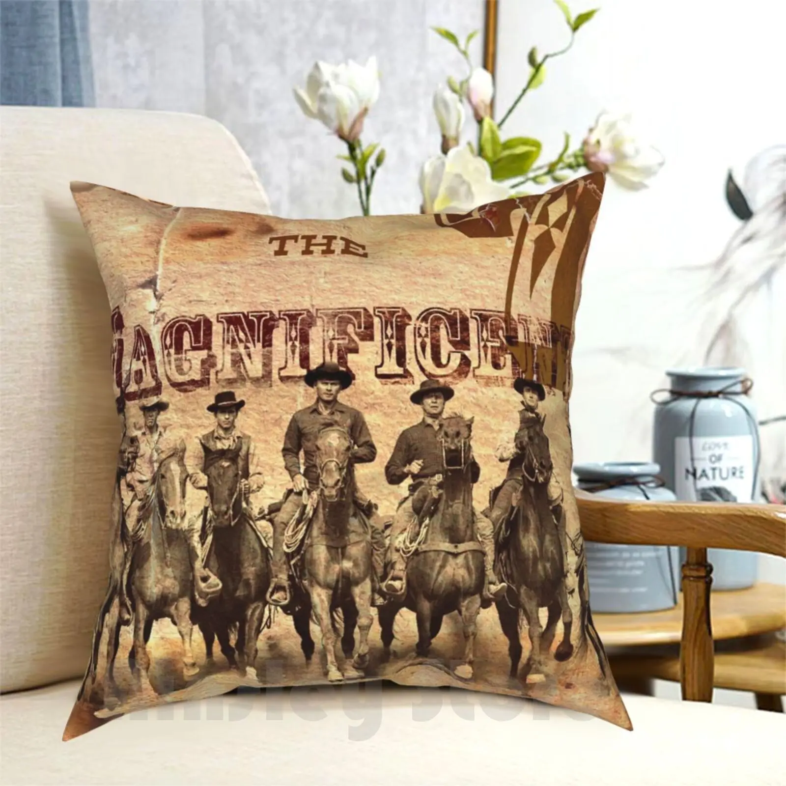 The Magnificent Gang ( 1 ) Pillow Case Printed Home Soft DIY Pillow cover Western West Cowboy Hat Steve Gun Leather Sepia