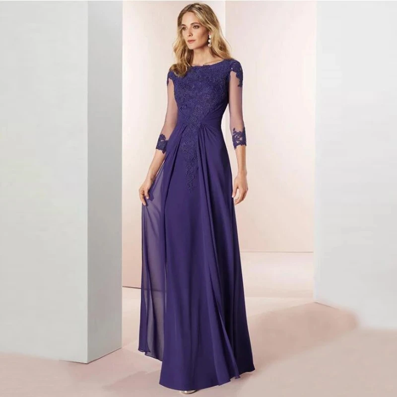 

Blue Mother Of The Bride Dresses A-line 3/4 Sleeves Chiffon Appliques Plus Size Long Elegant Groom Mother Dresses Wedding