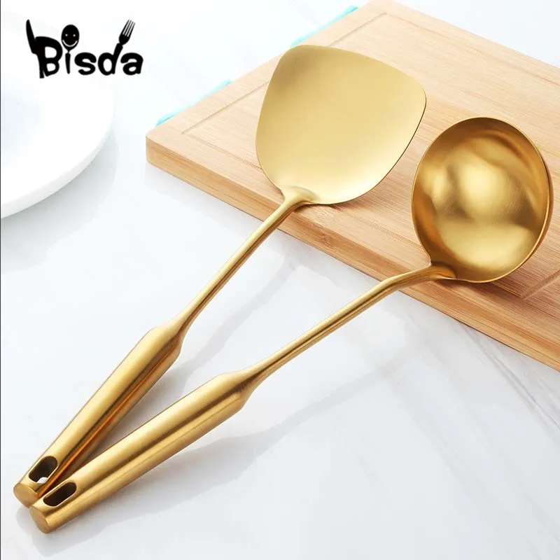 

2Pcs Kitchenware Set Stainless Steel Turner and Soup Spoon Porridge Cooking Frying Steak Utensils Golden Kitchen Spatula Ladle