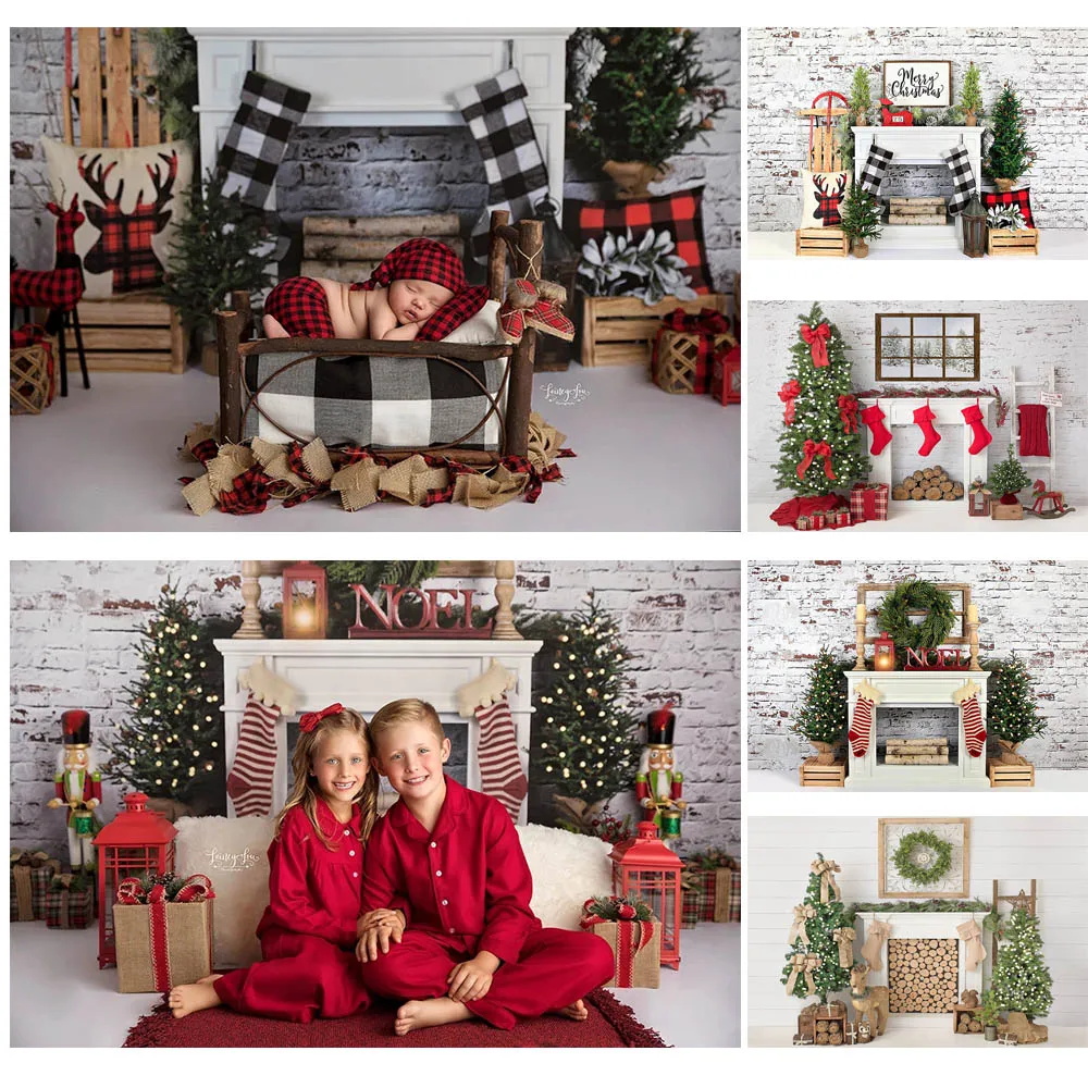 Christmas Backdrop Fireplace Christmas Tree Decoration Photography Background White Brick Wall Photocall Background Photo Studio