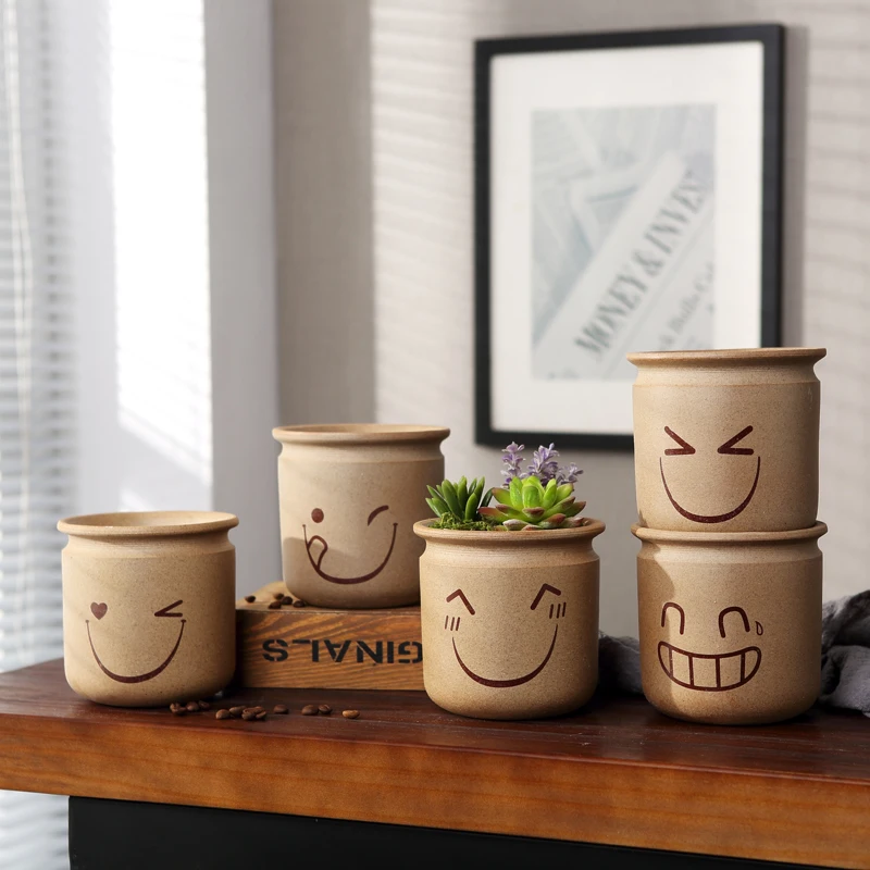 

Purple Sand Retro Succulent Plant-burn Pattern Breathable Meaty Pot Ceramic Boutique Creative Smiley Face Plant Pot