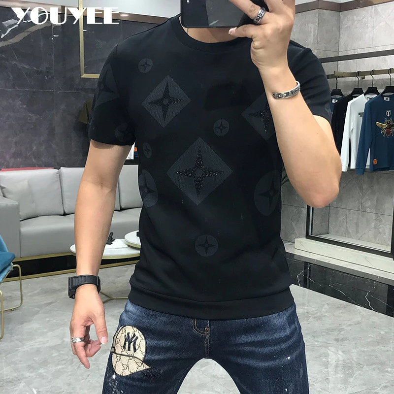 T-Shirt Men Rhinestone Pink Shirt Large Size 4XL New 2024 Summer Personalized Trend High Quality Short Sleeve Tees Male Top