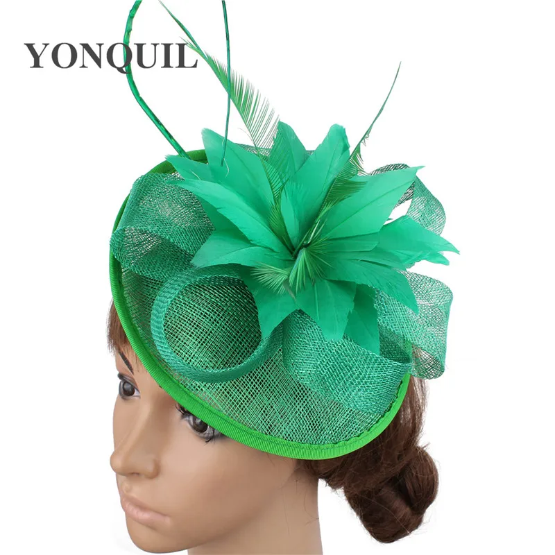 Gele Sinamay Mode Hoofddeksel Voor Elegante Bruids Bruiloft Hoofddeksels Veer Bloem Hoofddeksel Mariage Bruid Fascinators Hoed