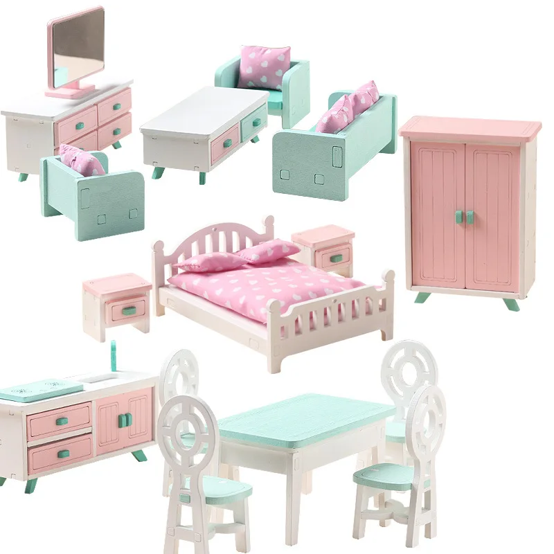 Kids Miniature DollHouses Furniture Play House Toys Wooden Bedroom Living Room Dining Accessories Puzzles Wooden Toys For Girls