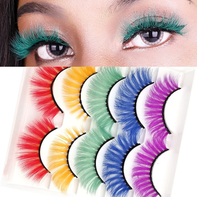 5 Pairs 3D Faux Mink False Eyelashes Green Purple Red Yellow Fluffy Volume Fake Eyelash Makeup Cosplay Dramatic Rainbow Lashes