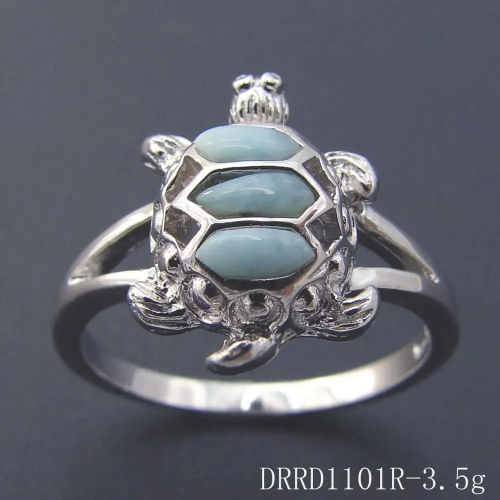 Dominica Larimar Jewelry 100% Real 925 Sterling Silver Natural Larimar Sea Turtle Womens Ring For Engagement Wedding Party Gift