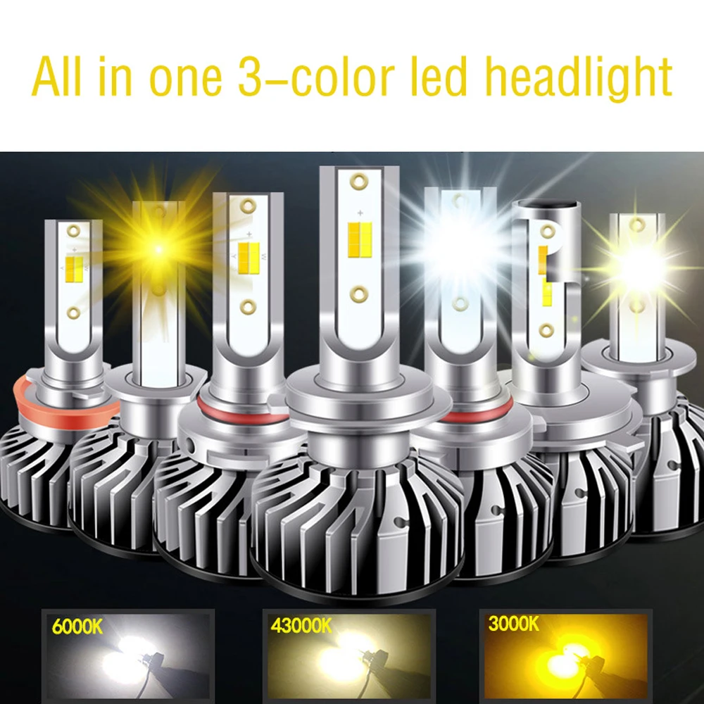 2PCS H4 LED Bulb H7 H8 H3 H11 H1 Car Headlight Tricolor 110W 20000LM Lamp 9005 9006 HB3 HB4 LED H27 881 Turbo Auto Fog Light 12V