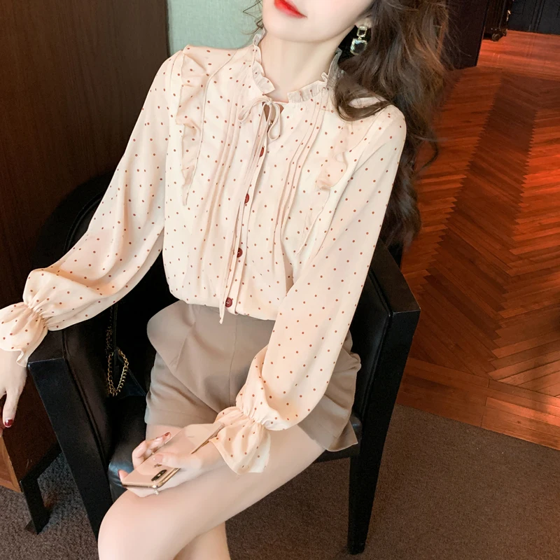 Top Femme 2021 Spring New Wave Dot Shirt Korean Fashion Women's Chiffon Shirt Top Lace Stand Collar Bow Petal Sleeve Blouses