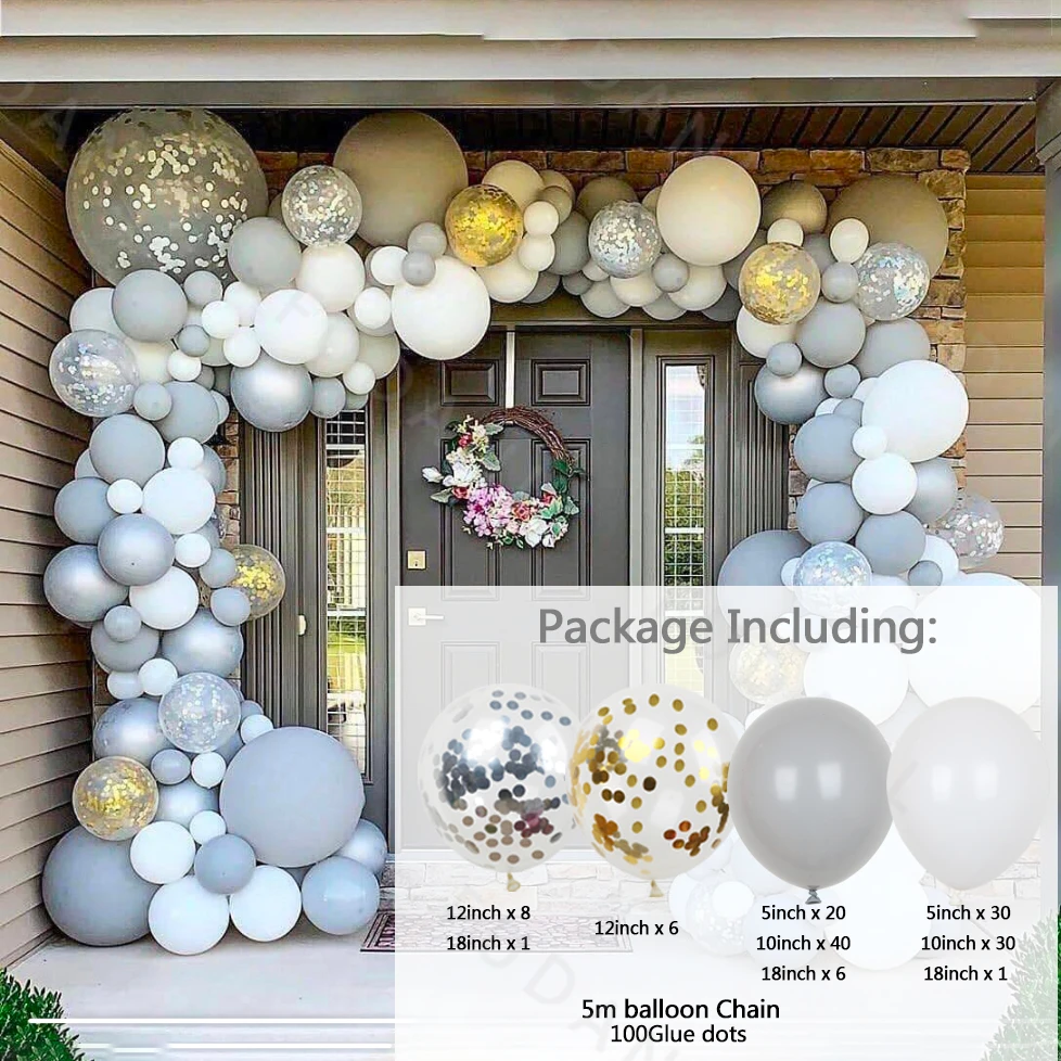 144pcs Grey White DIY Balloons Set Arch Garland Kit Party Decoration Gold Silver Confetti Clear Baloon 18/10/5inch Globos