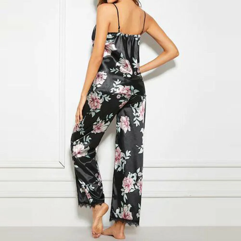 2Pcs Summer Sexy Pajama Sets Women Floral Print V-Neck Lace Vest Long Pants Sexy Sleepwear Women Night Gowns Women Pajama Sets