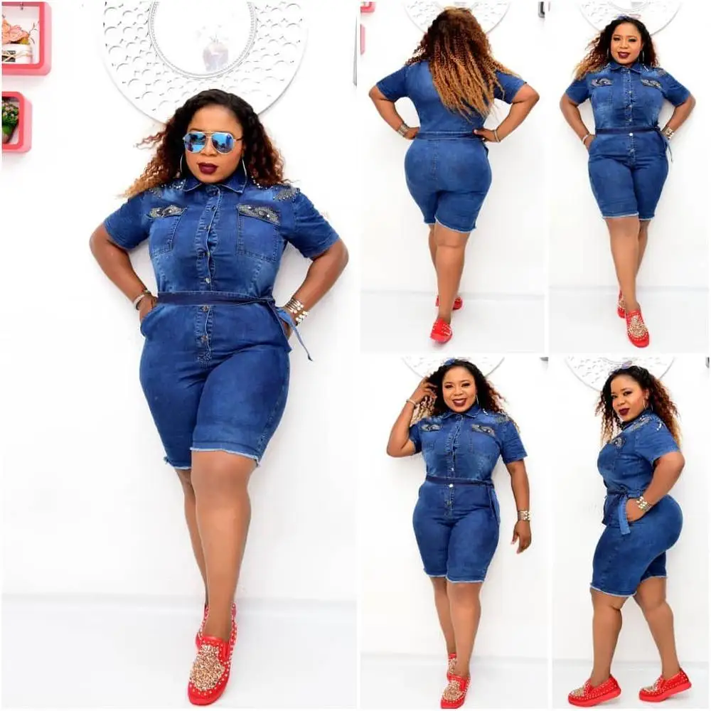 Jeans Jumpsuit Women Rompers Bodycon Denim Peal Short Sleeve Short Pants Belt Jumpsuit Bandage High Quality Vestidos 2020 Africa