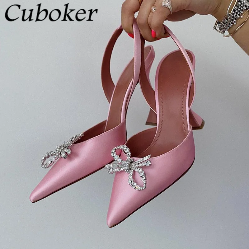 

2024 Summer Pointy Toe Satin High Heel Sandals Women Bowknot Crystal Slingbacks Pumps Ladies Sexy Runway Party Dress Shoes Mujer