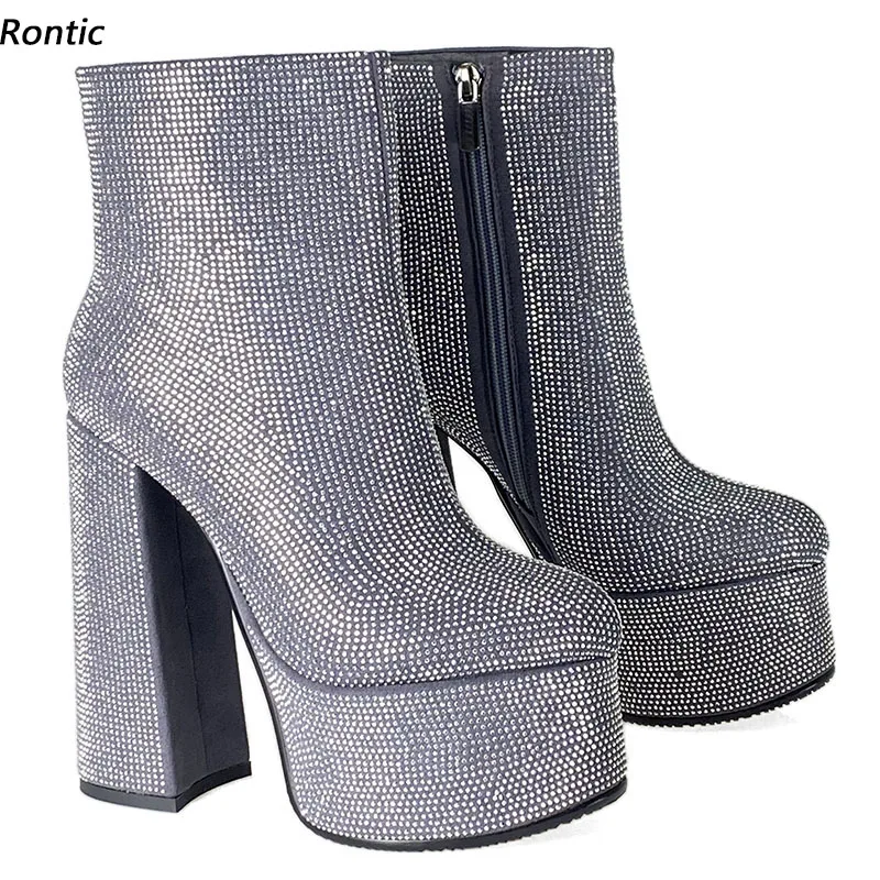 Rontic 2022 New Women Winter Platform Ankle Boots Rhinestone Chunky Heels Round Toe Pretty Black Grey Party Shoes US Size 4-9.5