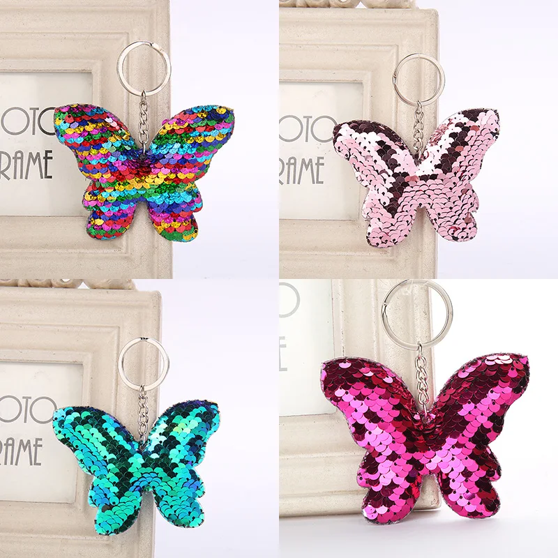 귀여운 나비 스팽글 폼폼 키 펜던트 컬러풀한 봉제 나비 인형 어린이 장난감 소녀 가방 펜던트 키체인 선물