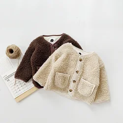 Girls Coat Solid Print Lamb Wool Plus Velvet Thick Coat Jacket 2021 Winter Warm Cardigan New Children'S Clothing For Boys