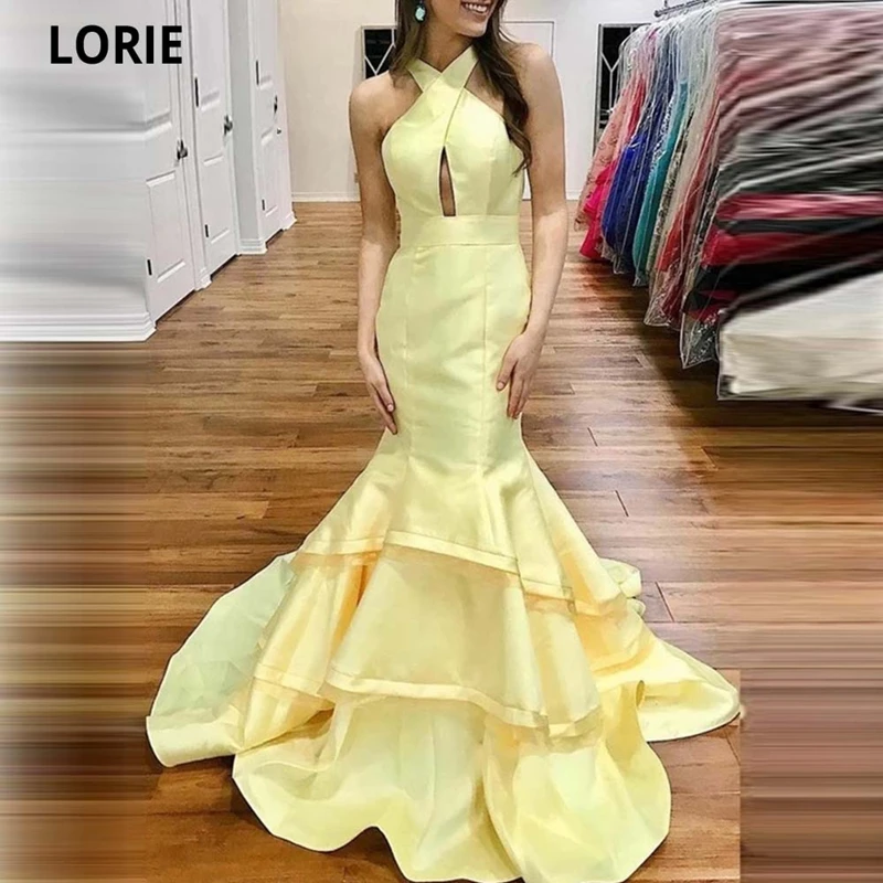 Lorie amarelo halter sem mangas vestidos de fiesta de noche tribunal trem sereia cetim plissado vestidos de noite formatura vestidos de festa