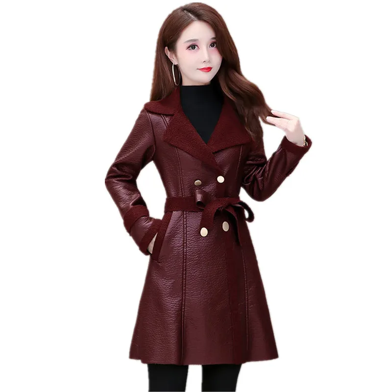 Elegante Leder Jacke Frauen Blazer Korean Fashion Herbst winter Kleidung Pelz futter Parkas Damen Lamm Pelz Kragen 2023