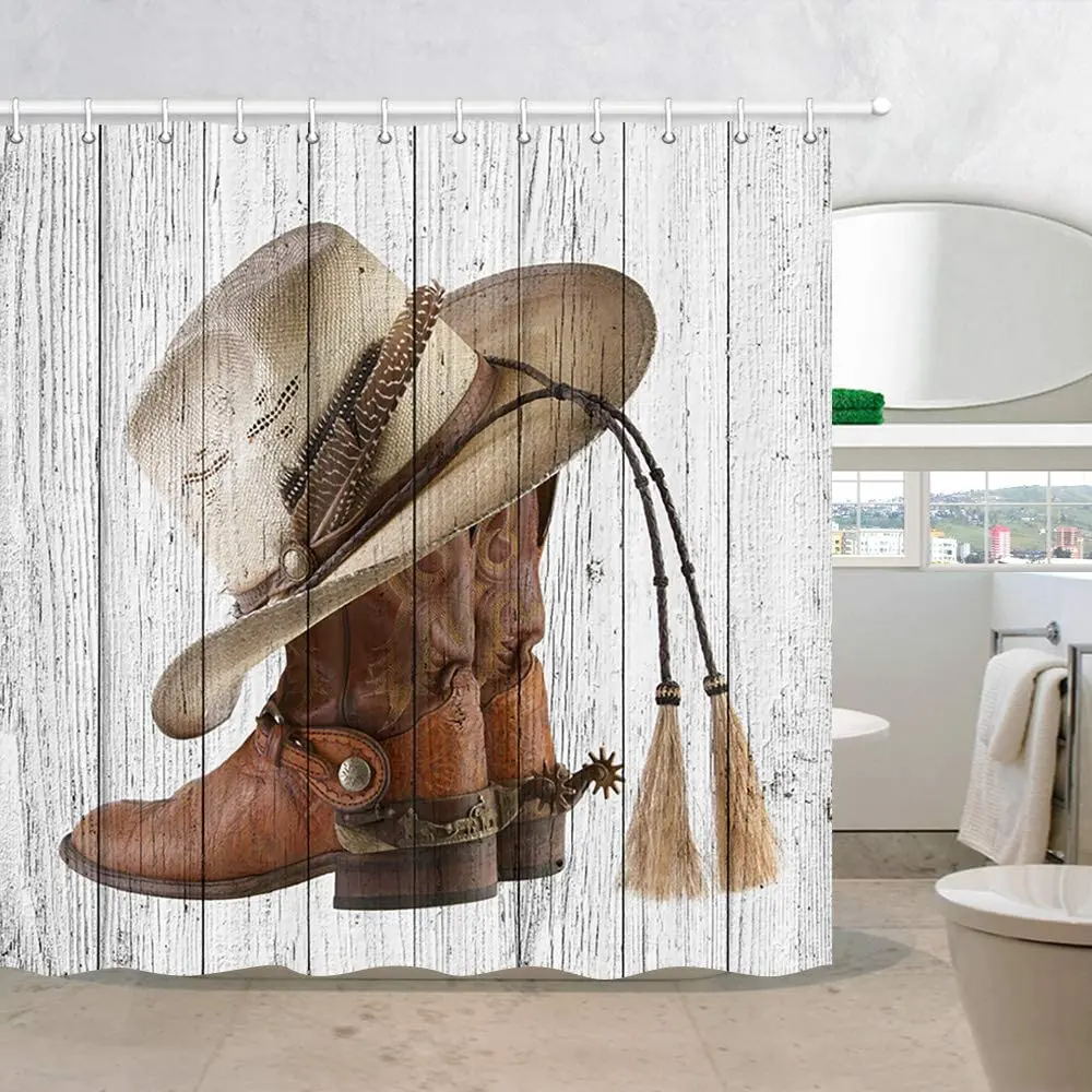 Western Cowboy Boots and Hat Shower Curtains Rustic Farm House Barn Grey Wooden Board Print Fabric Bathroom Decor with Hooks