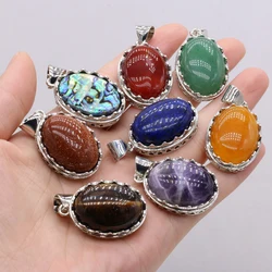 Natural Stone Shell Pendant Egg Cabochon Beads Amethysts Tiger Eye Abalone Shell Charms for DIY Necklace Jewelry Making 20x30mm