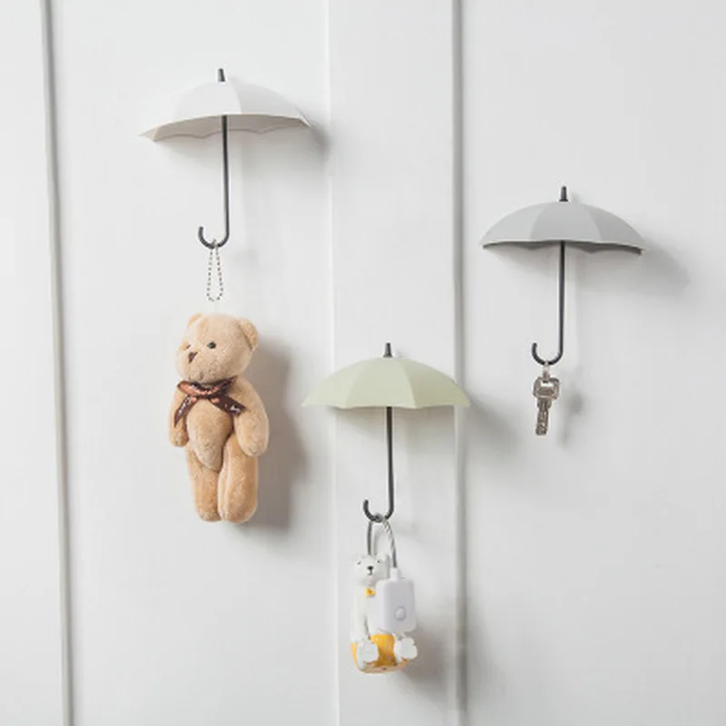 3Pcs Creative Storage Hooks Door Wall Hook Wall Decoration Keys Hair Pins Holder Bathroom Wall Hanger Umbrella Shape Punch Free