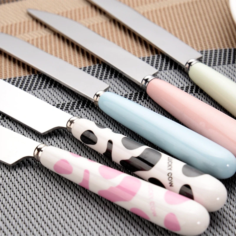 3pcs Creative Kids Baby Child Cutlery Ceramic Handle Tableware Cartoon Kitchen Dinner Knife Fork Spoon Set Pink Dessert Flatware