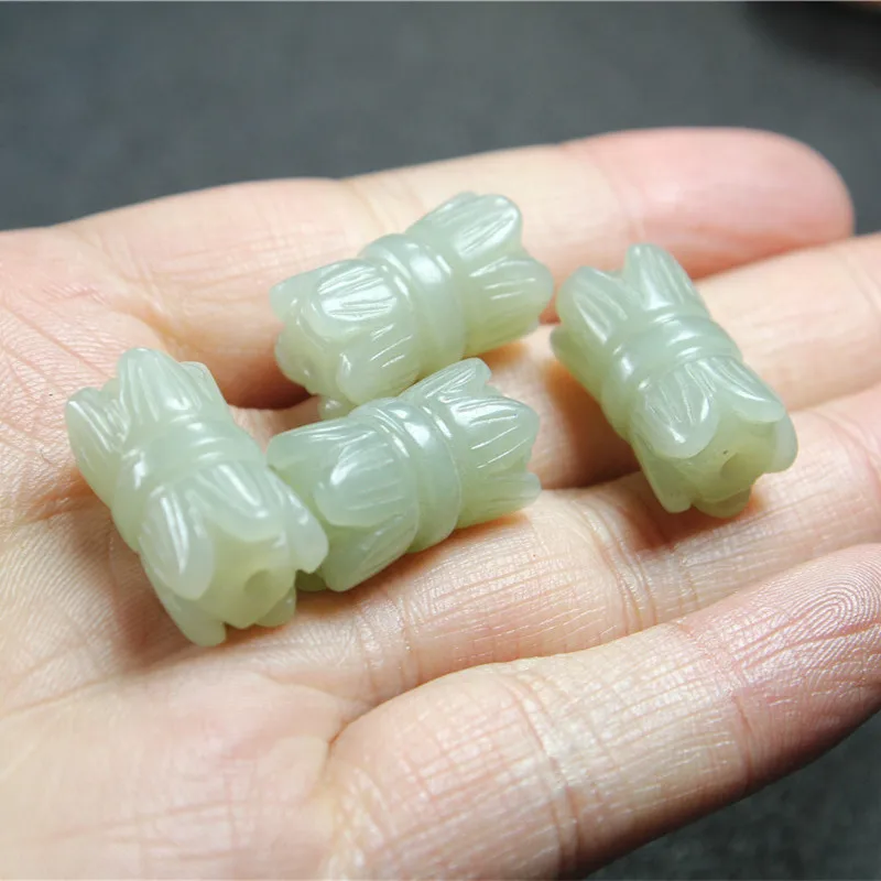 

Natural hetian jade handcarved double lotus DIY100% real jade bracelet necklace jade accessories septa scattered beads for women