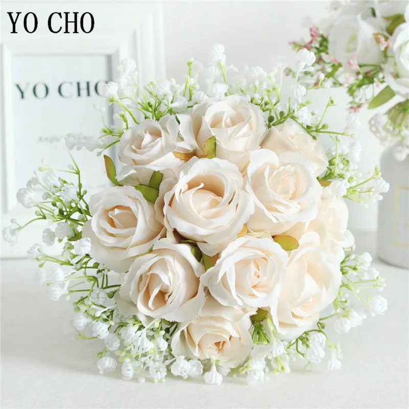 YO CHO Bouquet Bride Wedding Flower Bouquet Artificial Silk Rose Fake Babys Breath Pink Bridesmaid Hold Flower Wedding Supplies