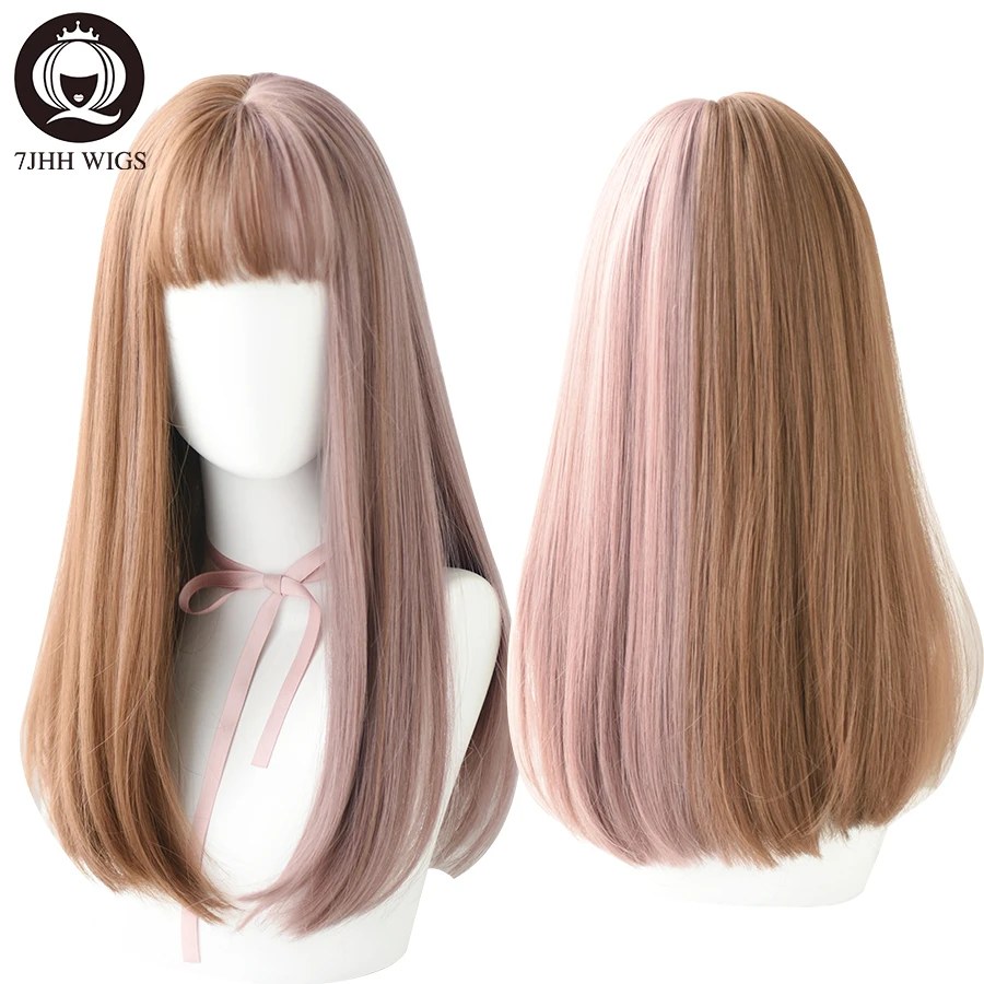 7JHH Lange Remy Perücke Mit Pony Ombre Schwarz Braun Synthetische Lolita Perücke Für Frauen Hohe Temperatur Draht Hitze Beständig Cosplay perücke