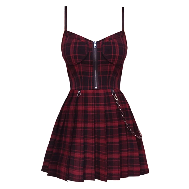 Gothic Girls Red Plaid Pleated Emo Alt Dress Y2K Zip Up Robe Femme Punk  Black Spaghetti Strap Mini Short Jurken Goth Streetwear - AliExpress  200000345