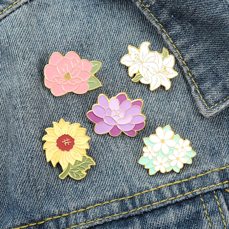 A Hundred Flowers Bloom Enamel Pin Custom Gardenia Sunflower Lily Lotus Cherry Blossom Brooches Bag Lapel Pin Badge Jewelry Gift