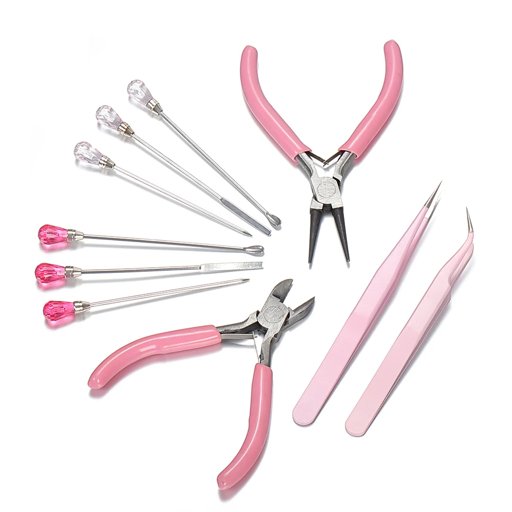 Pink Color Jewelry Pliers Resin Tweezers Tool Muddler Poke Needle Spoon Tool Set For Silicone Resin Mold Jewelry Making DIY Tool